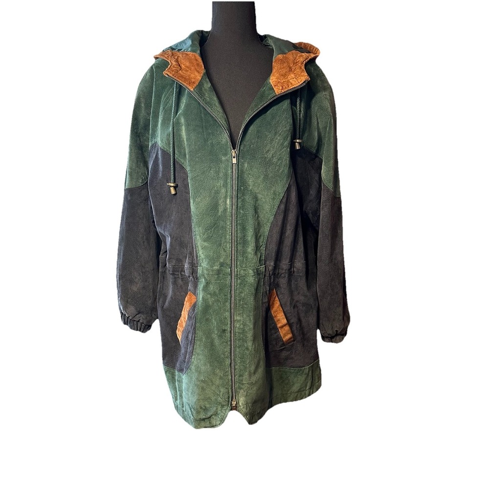 Vtg Preston & York Suede Leather Jacket LG Hooded Colorblock Drawstring Waist - Picture 2 of 16